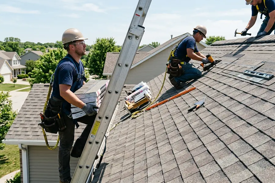 Beardman Building Services roofing crew installing architectural shingles in Lithia